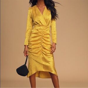 Wayf Ronnie Golden Yellow Ruched Midi Snake Print Dress